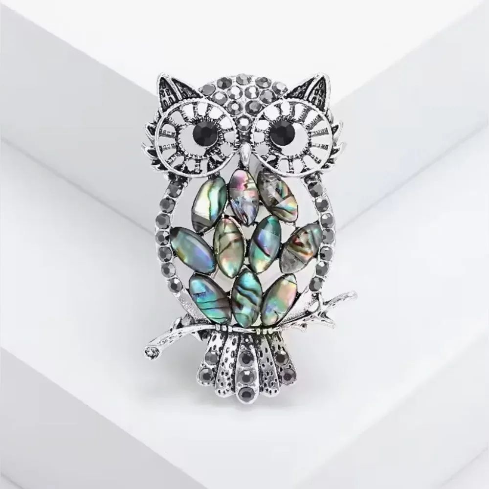 🦉 Silver Owl Brooch with Crystals &  Abalone Accents 🦉
